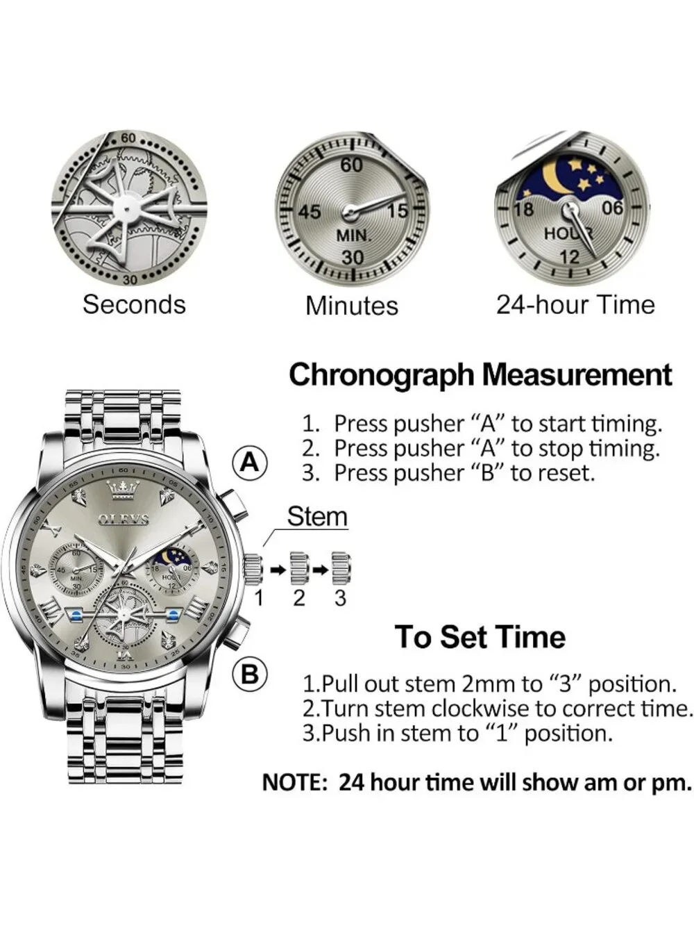 Men's Gray / Silver Stainless Steel Chronograph Waterproof Quartz Dress Watch